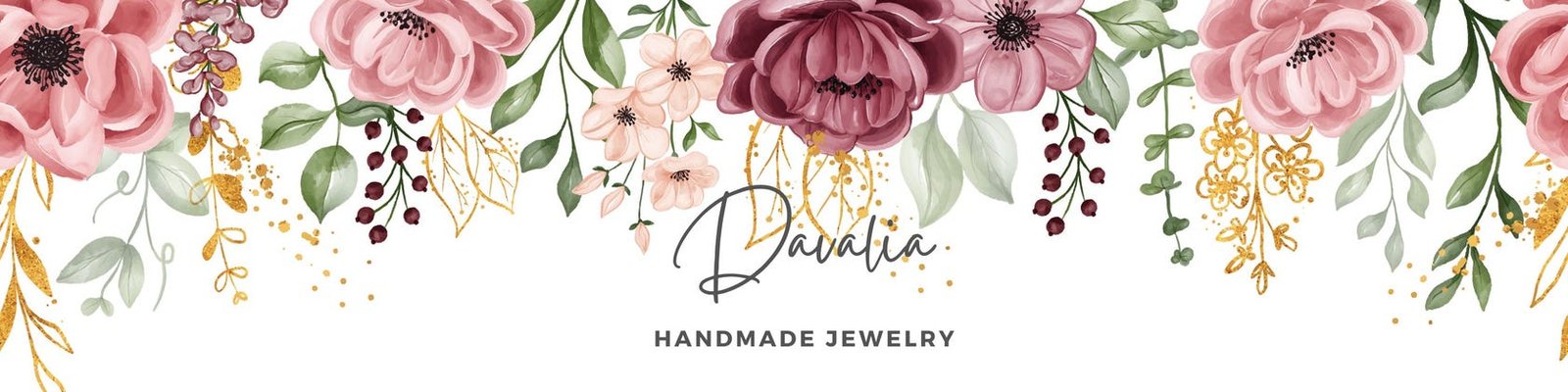 Davalia handmade jewelry banner with pink watercolor flowers, green foliage and gold botanical details